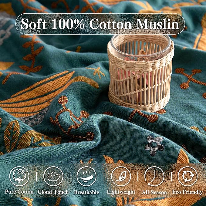 Boho Throw Blanket Twin Size, Soft Cozy Cotton Muslin Quilt Blanket for Bed Decor, Bird Patterned Couch Sofa Chair Cover, Vintage Farmhouse Cottage Tapestry Woven Blanket, Green&Beige-Ruum Studio Home