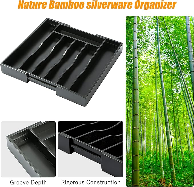 Bellsal Black Silverware Organizer Kitchen Drawer Organizer Expandable Bamboo Utensil Holder Cutlery Tray for Kitchen Utensil and Flatware Bedroom Office-Ruum Studio Home