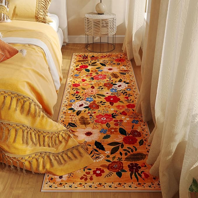 Runner Rug for Kitchen Rug Non Slip 2'x 6' Washable Rugs with Rubber Backing Soft Floral Carpet Runner for Hallways, Kitchen, Laundry, Bedroom, Bathroom(Yellow)-Ruum Studio Home