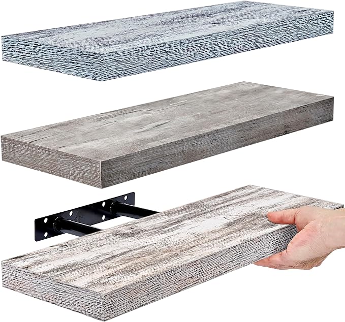 Sorbus Floating Shelves - 3 Pack 16 Inch Rustic Grey Blue Rustic Wall Shelves for Bedroom, Kitchen, Living Room, Bathroom Shelves, Home Decor, Office - Floating Shelf for Trophies, Frames-Ruum Studio Home