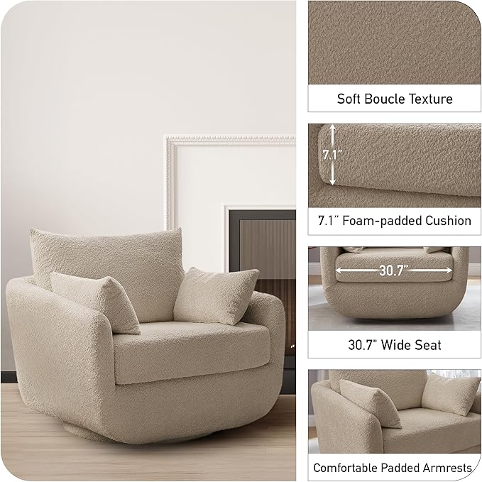360° Swivel Accent Armchair, 39.3" Oversized, Sherpa Boucle Fabric Sofa Chair with Removable Back & Arm Pillows, Swivel Chair with Cozy Soft Padded, No Assembly Required (1, Camel)-Ruum Studio Home