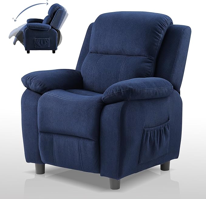 Ulax furniture Corduroy Kids Recliner Chair, Toddler Armrest Sofa Couch, Ergonomic Adjustable Lounge Sofa with Footrest, Padded Backrest, Storage Arms, Navy Recliner for Girls and Boys-Ruum Studio Home