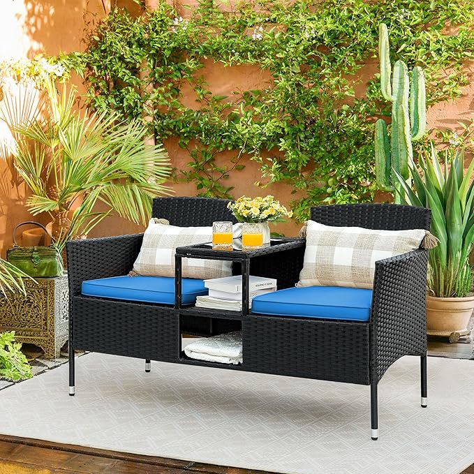 Flamaker Outdoor Furniture Patio Loveseat Wicker 2-Seat with Built-in Table and Cushions Rattan Porch Chairs Bench for Balcony, Lawn, Backyard (Blue)-Ruum Studio Home
