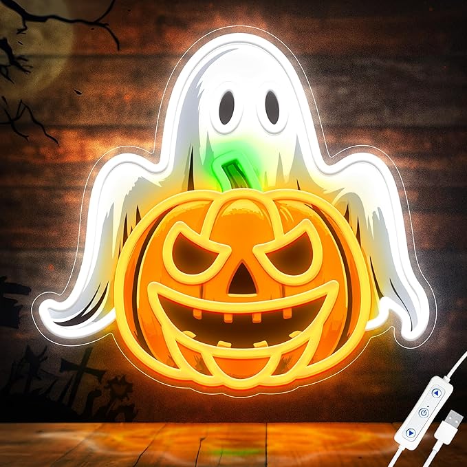 Spooky Glow Halloween Neon Signs for Wall Decor - Ghost & Pumpkin Led Neon Light Up Sign, Glow in Dark Indoor Decor for Porch Window Home Bar Party, Scary Halloween Decorations Gifts for Kids-Ruum Studio Home