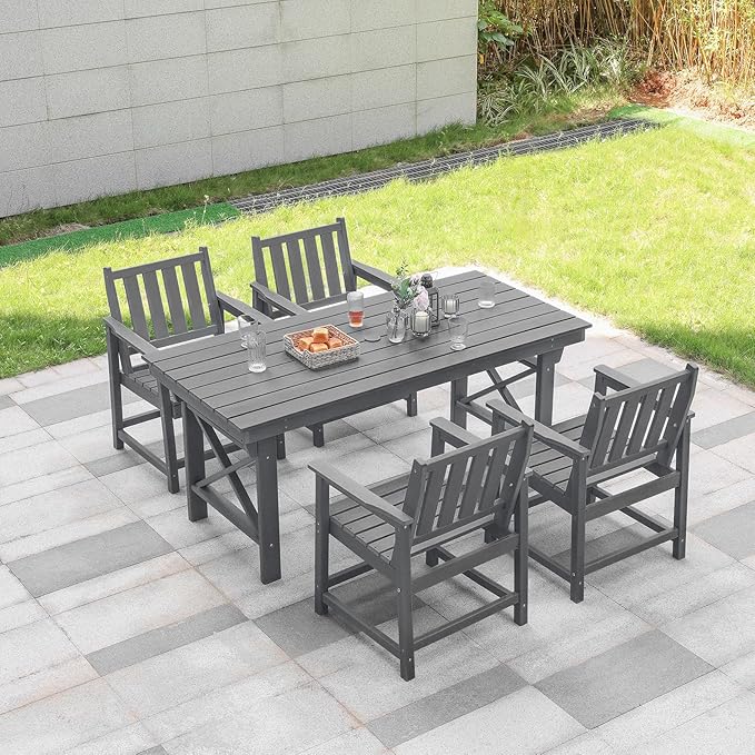 HDPE Patio Dining Set, 5-Piece Outdoor Table and Chairs with Umbrella Hole, Modern Outdoor Dining Set for 4, HDPE Outdoor Patio Furniture Dining Sets for Deck, Poolside, Porch, Smoke Gray-Ruum Studio Home