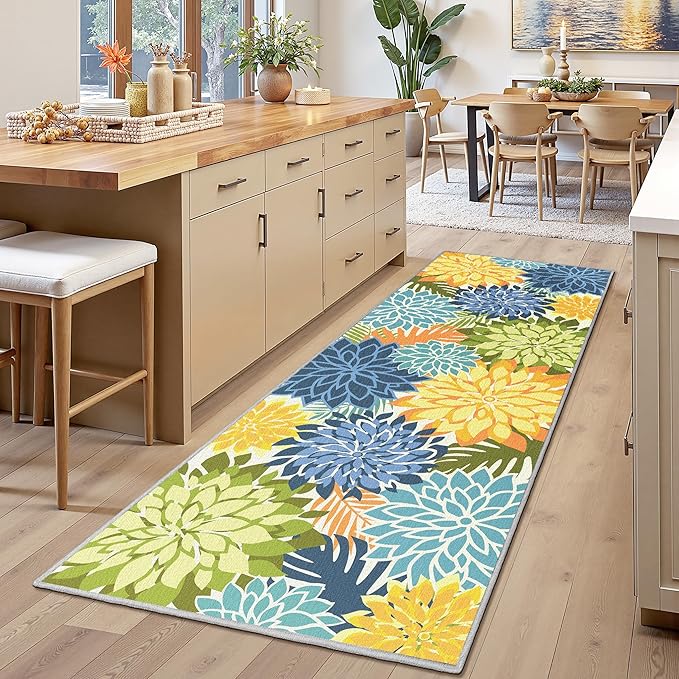 Area Rug 2x6 Yellow Green Washable Entry Rug Multicolored Tropical Botanical Modern Floral Indoor Kitchen Door Mat Entrance Carpet Non Slip for Bedroom Living Room, Porch-Ruum Studio Home