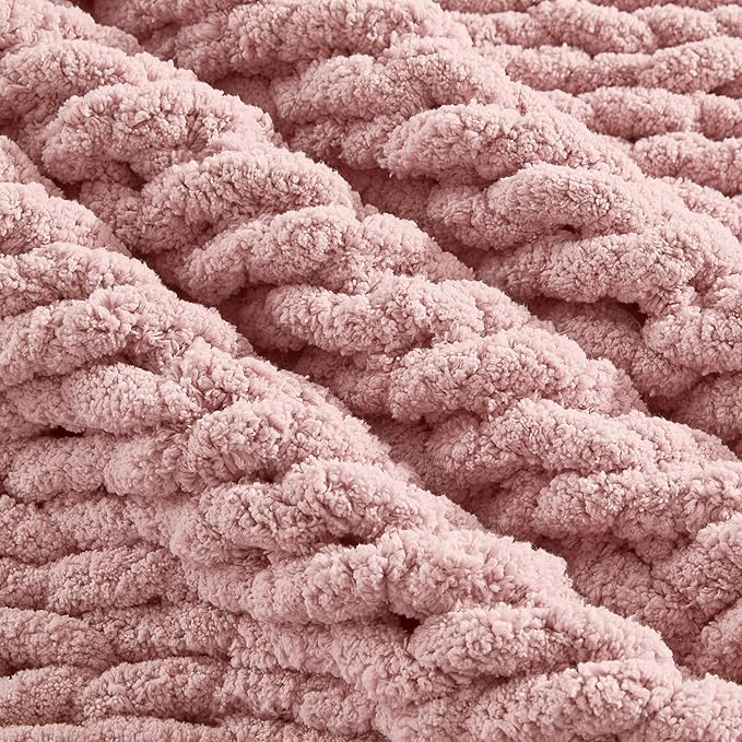 Carriediosa Chunky Knit Throw Blanket 60" X 80" Twin, 100% Hand Made Large Chenille Loop Yarn Soft Fluffy Throws for Couch Sofa Bed, Big Crochet Cozy Heavy Thick Cable Woven Blankets, Dusty Pink-Ruum Studio Home