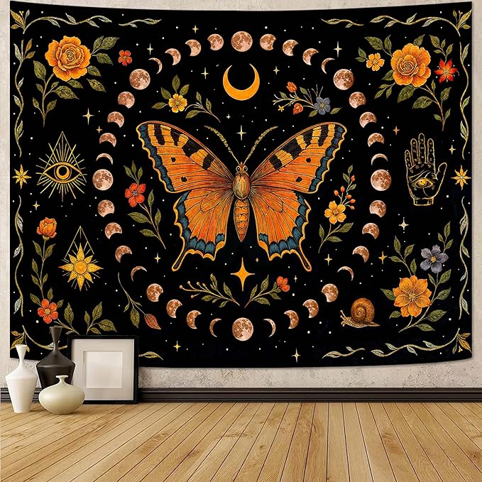 Lunerfex Moon Phase Butterfly Floral Wall Tapestry, Celestial Botanical Tapestries for Room Decor, Mystical Tapestry 60x44 Inch-Ruum Studio Home