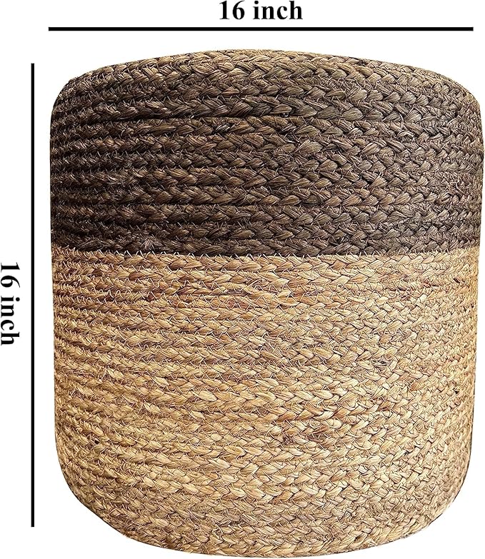 Jute Pouf Ottoman | Footrest Pouf | Hand Braided - Round Boho Pouffe - for Living Room, Bedroom, Nursery (16"x16"x16") Grey-Ruum Studio Home