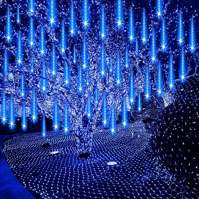 Christmas Lights Outdoor Meteor Shower Lights 24-Tube 576LEDs Snow Falling Rain Cascading Icicle Light for Xmas Tree Christmas Decorations Wedding Party Holiday Garden Decor, UL Plug Blue-Ruum Studio Home