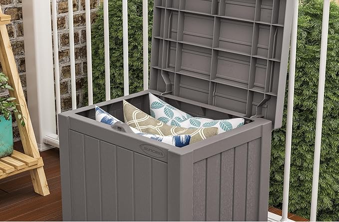 Suncast 22-Gallon Small Deck Box - Lightweight Resin Indoor/Outdoor Storage Container and Seat for Patio Cushions and Gardening Tools - Store Items on Patio, Garage, Yard - Stone Gray, Made in the USA-Ruum Studio Home