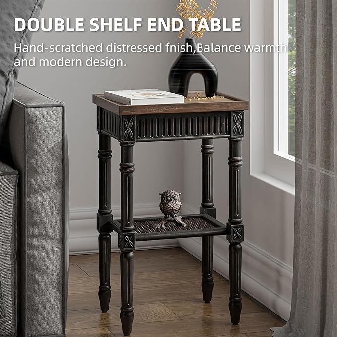 Rustic Farmhouse Cottagecore Accent End Table Set of 2, Distressed Accent Side Table with Espresso Tray Top and Woven Wicker Shelf, Boho, French Country Decor, Square, Weathered Brown & Black-Ruum Studio Home
