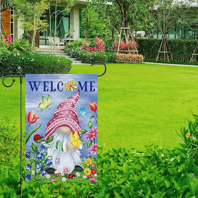 Welcome Spring Gnome Garden Flag 12x18 Double Sided Burlap Butterfly Floral Garden Yard Flags for Spring Summer Rustic Seasonal Outside Outdoor House Decoration (ONLY FLAG)-Ruum Studio Home