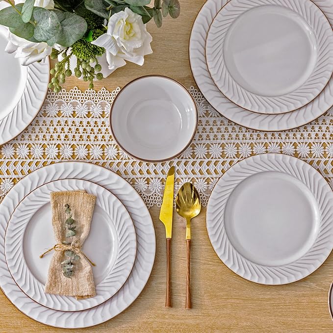 GBHOME Ceramic Dinnerware Sets,12 pcs Embossed Elegant Stoneware Plates and Bowls Sets, Housewarming Wedding Gift | Dishwasher & Microwave Safe | Dishes Set Service for 4-Ruum Studio Home