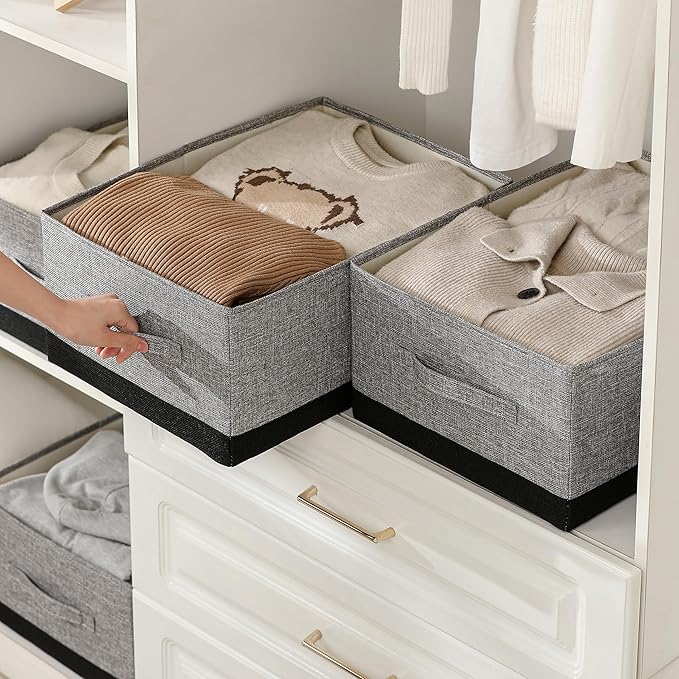 Linen Folding Storage Bins, 3 Pack Large Storage Baskets, Washable, Clothing Storage Bins with Handle, Closet Organizer for Storage Sweater,Sheets (gray black, 18½"x13½"x8½")-Ruum Studio Home