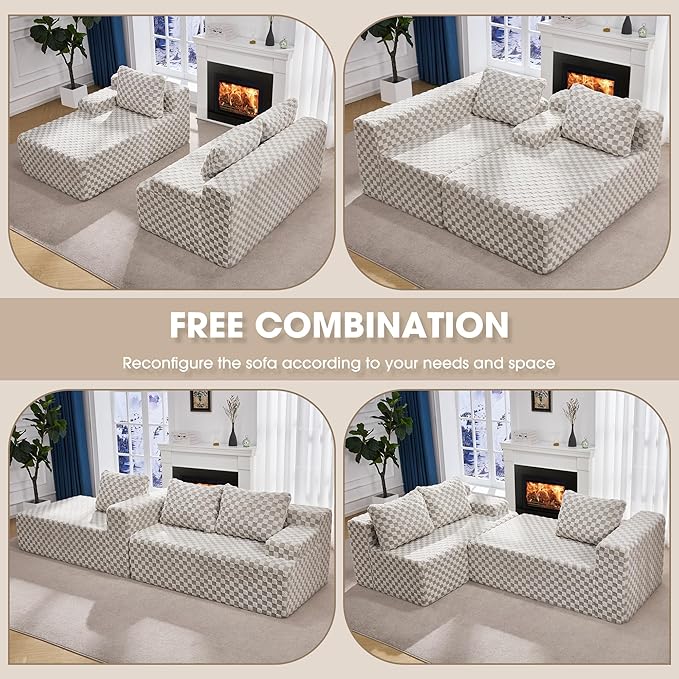 Hobestluk 96“ Modular Sectional Sofa Couches L-Shape Couch 3 Seat Modular Sofa Sectional Couches for Living Room, Cloud Couch with Oversized Chaise (Greygreen, Checked (Left Facing Chaise))-Ruum Studio Home