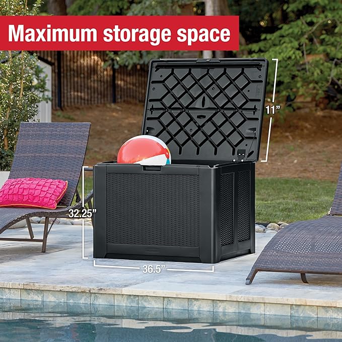 Rubbermaid Medium Resin Outdoor Storage Deck Box (74 Gal), Weather Resistant, Black, Deck Organization for Home/Backyard/Pool Chemicals/Toys/Garden Tools/Porch/Patio Cushions-Ruum Studio Home