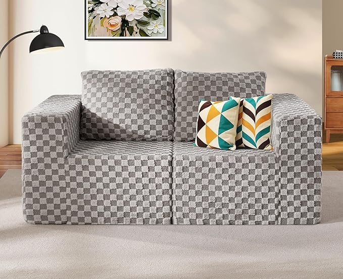 Modular Sectional Sofa 2 Seater Loveseat Modular Couch with Deep Seat Memory Foam Cloud Chair with Pillows Oversized Sectional Sofa for Living Room Bedroom (Plush Grey, Loveseat)-Ruum Studio Home