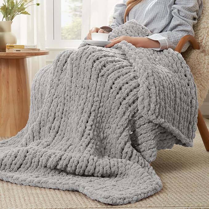 Amélie Home Chunky Knit Throw Blanket for Couch, Soft Chenille Crochet Blanket for Children, 40"x50", Light Grey-Ruum Studio Home