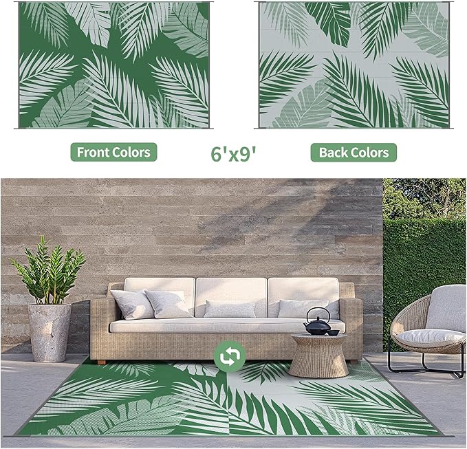 GENIMO Outdoor Rug 6' x 9' Waterproof for Patios Clearance, Reversible Plastic Straw Camping Carpet, Large Area Rugs Mats for RV, Picnic, Backyard, Deck, Balcony, Porch, Beach, Green&Grey-Ruum Studio Home