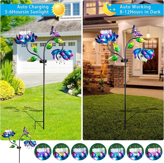50'' Solar Powered Kinetic Wind Spinner Sculpture Blue Lotus Metal Stake Spinner for Patio, Lawn and Garden Decor Weather Resistant Outdoor Art with Dual Lotus with Butterfly Design-Ruum Studio Home