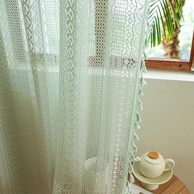 Sutuo Home Boho Curtains for Bedroom Dining Room, Bohemian Crochet Lace Hollow Knitted Handmade Tassels Vintage Rustic Window Treatment Farmhouse Drapes, 1 Panel Rod Pocket 59" W x 96" L, Mint Green-Ruum Studio Home