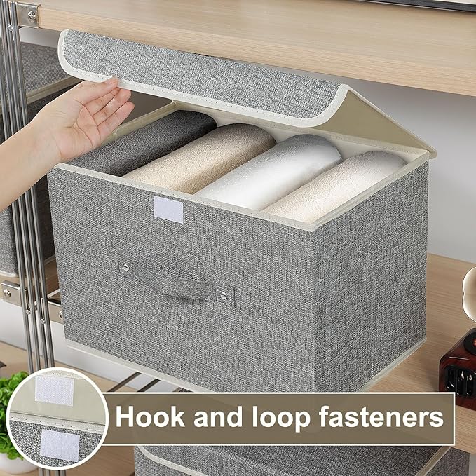 Storage Boxes, Collapsible Storage Bins with Lids, Cotton and linen cloth Storage Baskets with Handle, for Books, Closet, Bedroom, Home, 15x9.8x9.8 in, Grey-Ruum Studio Home