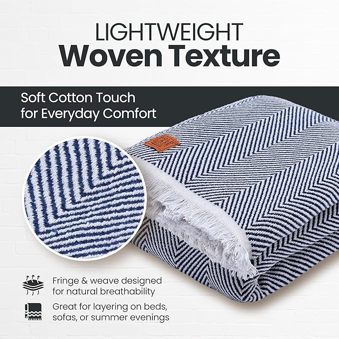Gold Case Throw Blanket for Bed – 100% Recycled Turkish Cotton Bed Blanket – Decorative Throw Cotton Blankets for Living Room & Bedroom – Woven Twin Blankets - 71x90 - Navy Blue-Ruum Studio Home