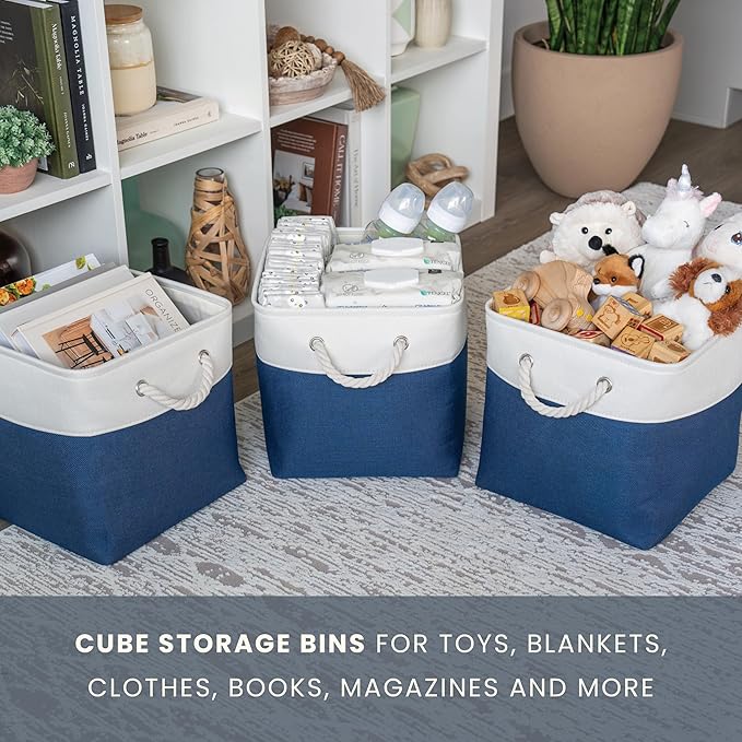 OrganiHaus 11x11 Cube Storage Bins 4 Pack, Foldable Cube Storage Organizer w/ Rope Handles, Collapsible Fabric Bins for Toys, Clothes & Closet Organization, Fabric Square Baskets - Navy Blue-Ruum Studio Home