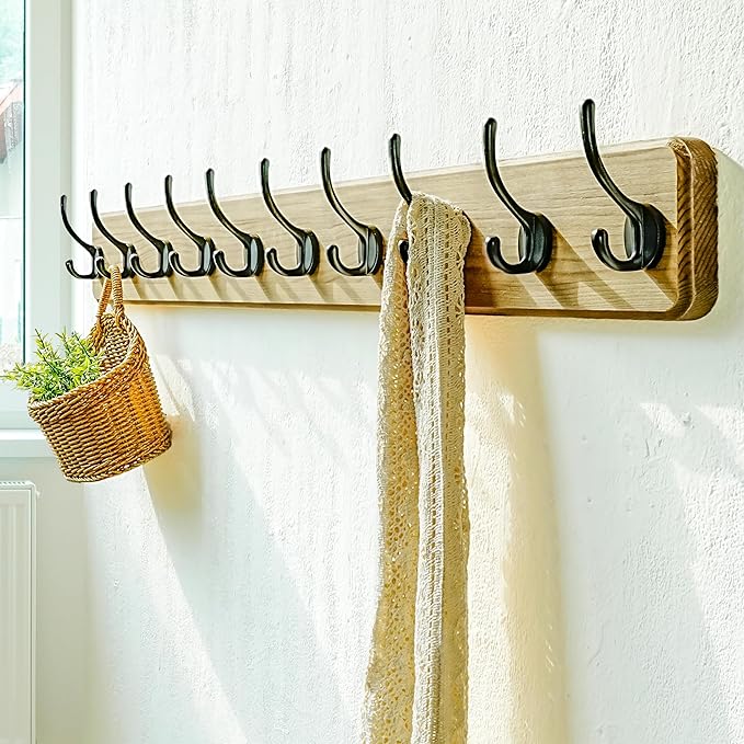 Dseap Coat Rack Wall: 38-1/4" Long, Patented, Heavy-Duty, 10-Double-Hooks Wooden Wall Mounted Coat Rack Coat Hanger Hook Rail for Winter Coats Hat Jacket Clothing, Weathered Brown, Pack of 2-Ruum Studio Home