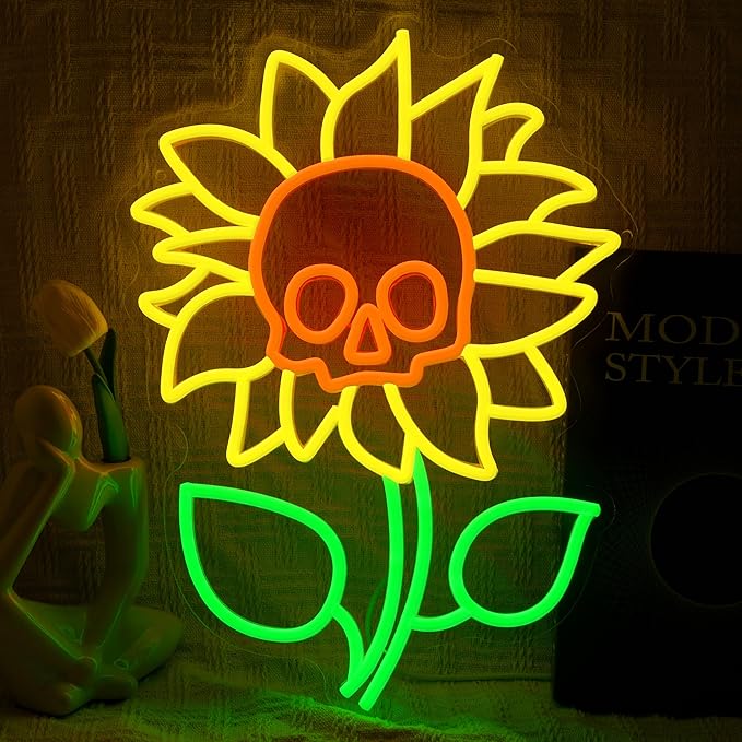Sunflower Skull Neon Sign Wall Decor USB Powered Skeleton Head Halloween Neon Light Sign Dimmable Funny Halloween Day LED Sign for Trick or Treat Party Backdrop Bedroom Bar Man Cave-Ruum Studio Home