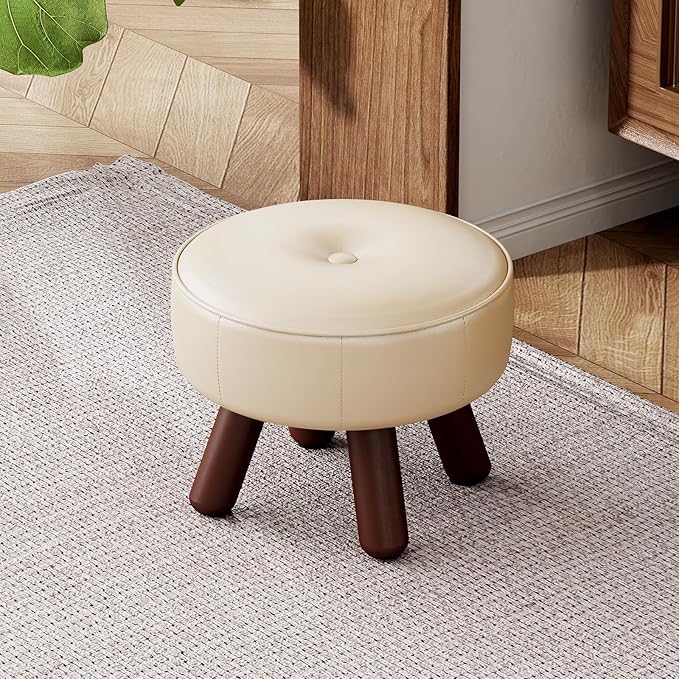 Small Foot Stool 13in, Round Faux Leaher Ottoman Foot Rest for Living Room, Under Desk Footstool Foot Rest with Non-Skid Rubber Legs for Bedroom, Entryway, 13''L x 13''W x 10.2''H, White-Ruum Studio Home
