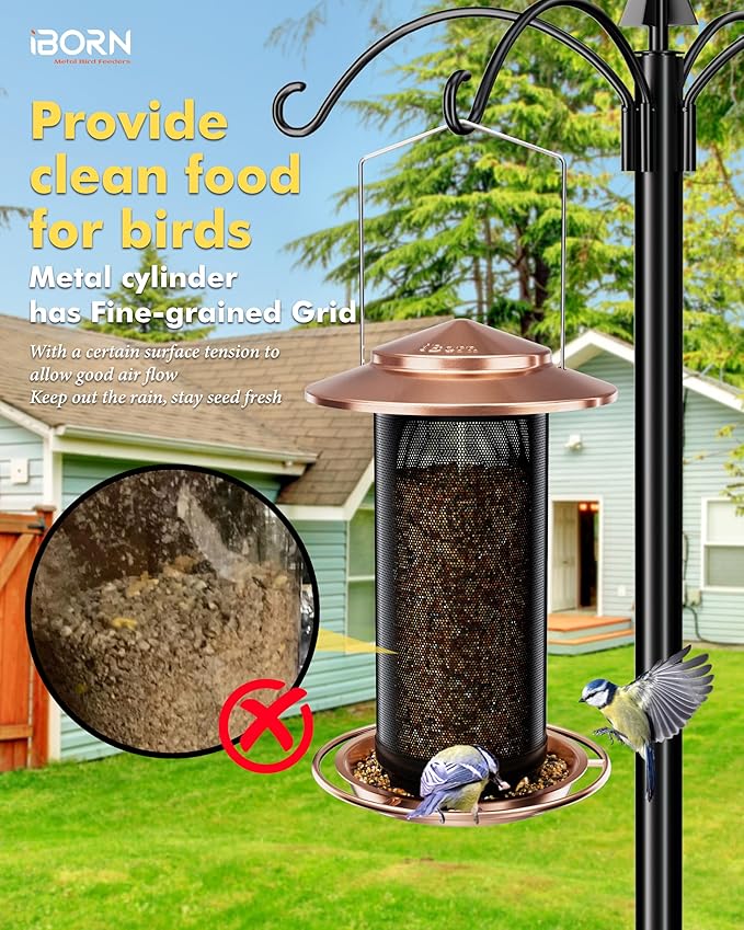 iBorn Bird Feeders for Outdoors, All Metal Mesh Tube, Holding Bird Seed for Outside Feeders,18cm Large Roof, Copper, 2.8lb(Seed is not Included)-Ruum Studio Home