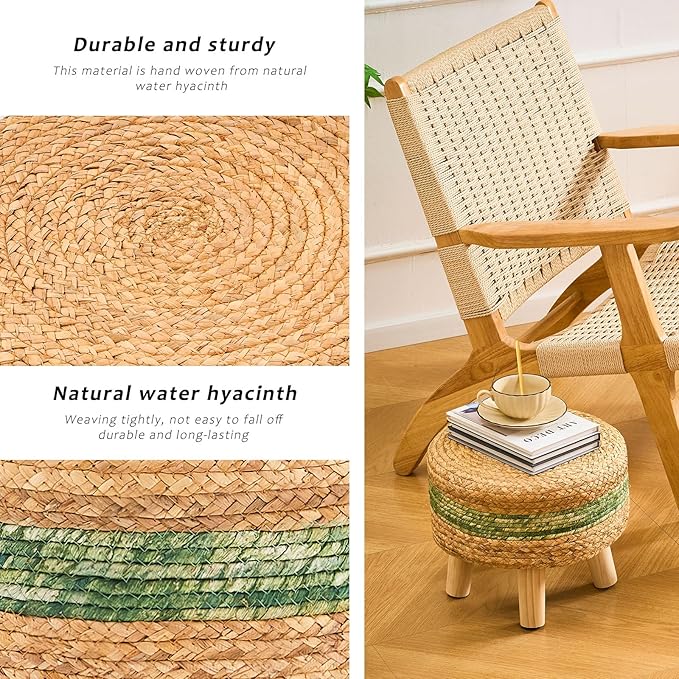 Handwoven Round Ottoman, Natural Water Hyacinth Outdoor Patio Pouf Seagrass Low Stool with Wood Legs, Soft Padded Footrest for Living Room Bedroom Garden, Green-Ruum Studio Home