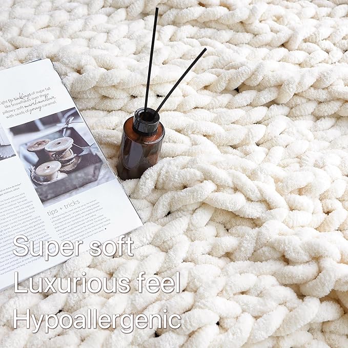 Maetoow Chenille Chunky Knit Blanket Throw （82×86 Inch）, Handmade Warm & Cozy Blanket Couch, Bed, Home Decor, Soft Breathable Fleece Banket, Christmas Thick and Giant Yarn Throws, Cream-Ruum Studio Home