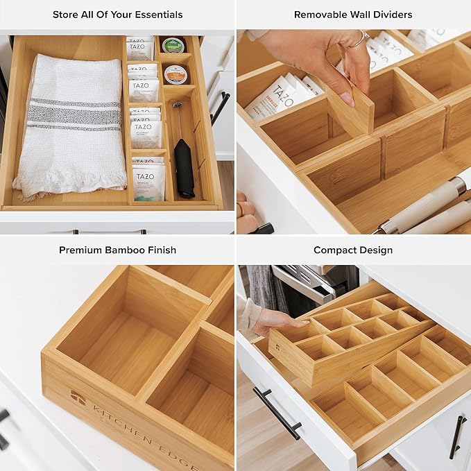 Premium Tea Bags and Coffee Pods Drawer Organizer – Small 9-Compartment Design with Removable Wall Inserts, Non-Slip Feet, 100% Sustainable Bamboo-Ruum Studio Home
