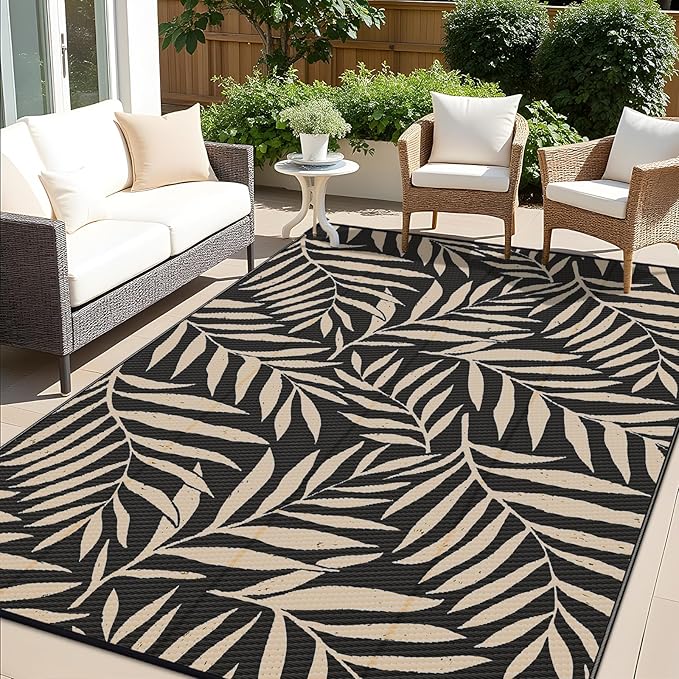 OLANLY Waterproof Outdoor Rug 8x10 ft, Reversible Outdoor Plastic Straw Rug with Leaf Pattern, RV Mat, Indoor Outdoor Carpet for Patio, Camping, Balcony, Deck, Backyard, Black & Beige-Ruum Studio Home