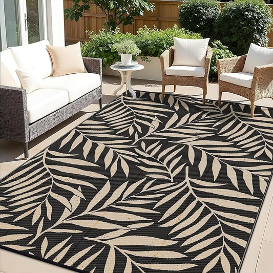 OLANLY Waterproof Outdoor Rug 9x12 ft, Reversible Outdoor Plastic Straw Rug with Leaf Pattern, RV Mat, Indoor Outdoor Carpet for Patio, Camping, Balcony, Deck, Backyard, Black & Beige-Ruum Studio Home