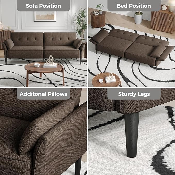 89” Futon Sofa Bed, Linen Comfy Futon Couch Bed with 2 Square Pillows, Convertible Sleeper Sofa with Adjustable Backrest& Armrests, Modern Loveseat Sleeper for Living Room, Bedroom, Brown-Ruum Studio Home