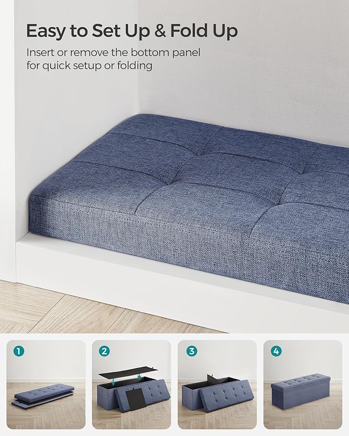 SONGMICS MAZIE Collection - 43 Inches Folding Storage Ottoman Bench, Ottoman Foot Rest, End of Bed Bench, Storage Chest, Load 660 lb, for Living Room, Bedroom, Entryway, Misty Blue ULSF077Q01-Ruum Studio Home