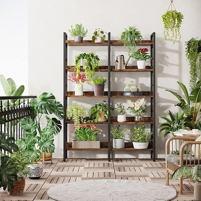 Tribesigns 5-Tier Industrial Bookshelf, 71”H x 47”W Etagere Bookcase, Freestanding Double Wide Book Shelf for Storage and Display, Wood and Metal Bookshelves for Living Room Home Office, Rustic Brown-Ruum Studio Home