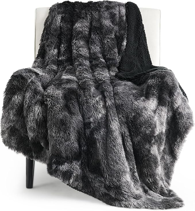 Bedsure GentleSoft Fuzzy Sherpa Faux Fur Twin Blanket Tie Dye Black Cozy Gifts for Boys Girls, Soft Fleece Plush Warm Thick Blanket Twin Size for Bed, Black Room Decor Dorm Essentials Gifts, 60x80-Ruum Studio Home