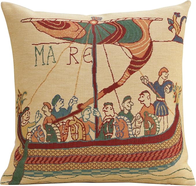 Charlotte Home Furnishings Bayeux Mare Throw Pillow Cover 16" x 16" – Medieval Ship Decorative Tapestry Cushion Case for Sofa, Couch, & Bed | Cotton Jacquard Woven in Europe | Insert Not Included-Ruum Studio Home