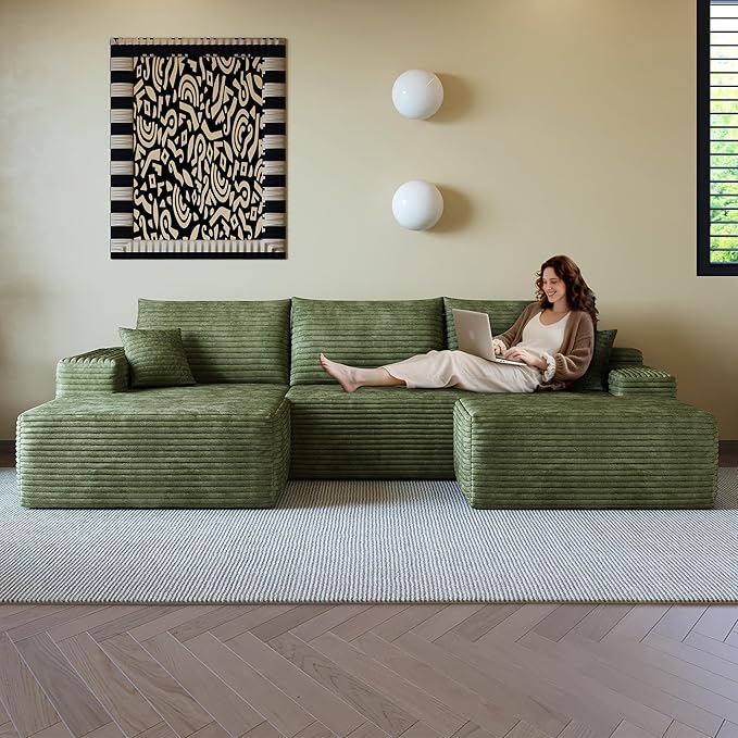 108" Sectional Couches for Living Room Modern Modular Sofa with L-Shape Couchs Upholstered Boneless Couch Deep Seat Sectional Couch with Chaise (Green, Left Facing Chaise+2Seaters+1Ottoman)-Ruum Studio Home