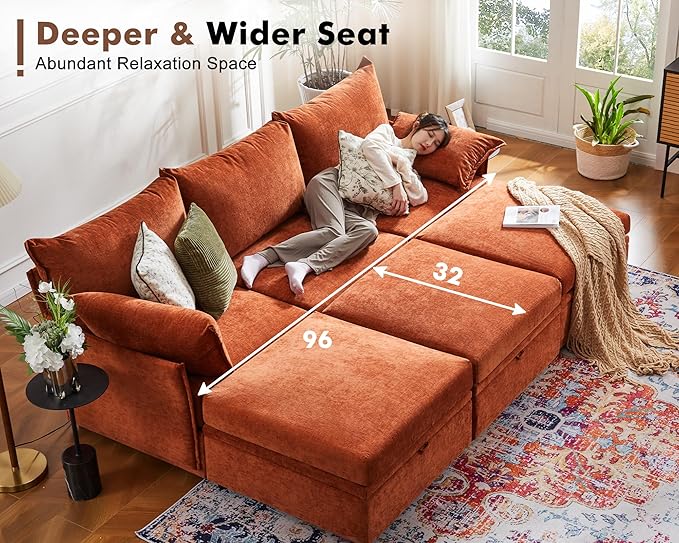 102.6" Modular Sectional Sofa, Oversized 3-Seater Terracotta Orange Couch with Removable Chenille Fabric Cover, Deep Seat & High Backrest for Living Room, Office & Apartment-Ruum Studio Home