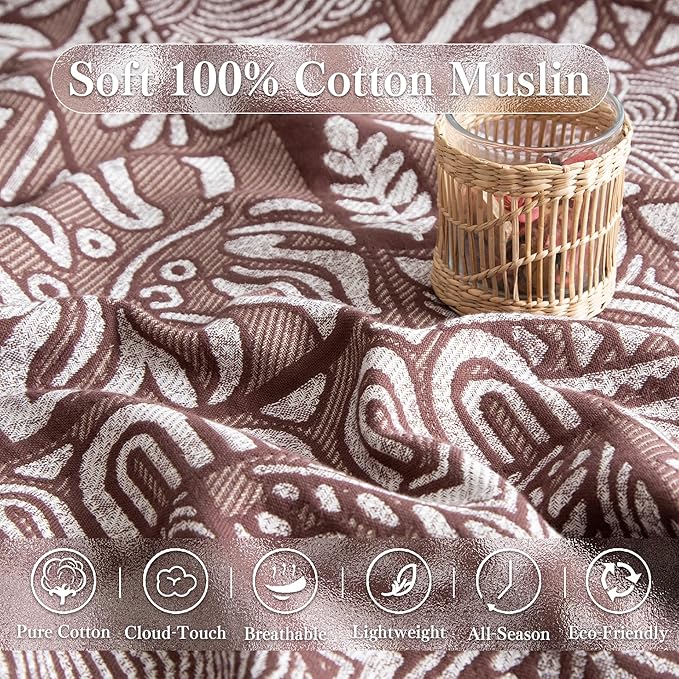 Boho Throw Blanket Full Size, Extra Large Soft Cozy Cotton Muslin Quilt Blanket for Bed Decor, Patchwork Block Couch Sofa Chair Cover, Vintage Farmhouse Cottage Woven Blanket, Brown&White-Ruum Studio Home
