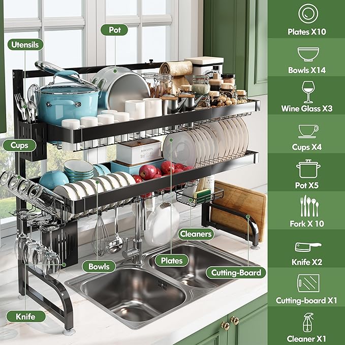 3 Tier Extra Large Stainless Steel Expandable Over The Sink Dish Drainer Drying Rack, Rust Proof Metal, Space Saving, Modern Black Big Capacity Extendable Plate Strainers Above Kitchen Counter-Ruum Studio Home