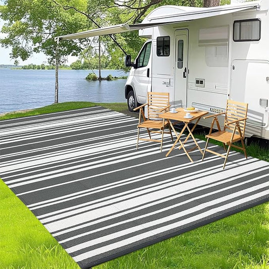 Outdoor Plastic Straw Rug 9x18 Waterproof Outside Rug, Large Modern Striped Reversible Floor Mats, Foldable & Lightweight Camping Carpet for Patio, Porch, Deck, Backyard, Balcony, Grey-Ruum Studio Home