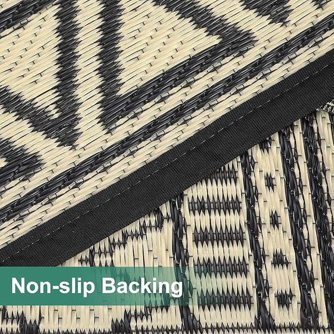 GAOMON Outdoor Rug Waterproof 8'x10', Reversible Outdoor Plastic Straw Rug, Boho Patio Rug, Indoor Outdoor Carpet, RV Mat Outside for Patio, Camp, Picnic, Balcony, Deck, Black/Coffee(Bohemia)-Ruum Studio Home