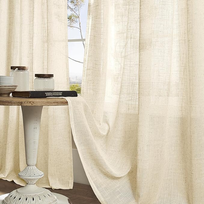 LAMIT 45 Inch Length Linen Curtains for Bedroom, Light Filtering Semi Sheer Neutral Short Decorative Window Drapes with Bronze Grommet for Kitchen,2 Panels Set, 52 X 45 Inch, Beige-Ruum Studio Home